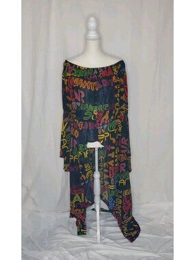 Ashley Stewart Graffti Dramatic Hi Low Duster Fairy Grunge Off Shoulder Sz 14/16